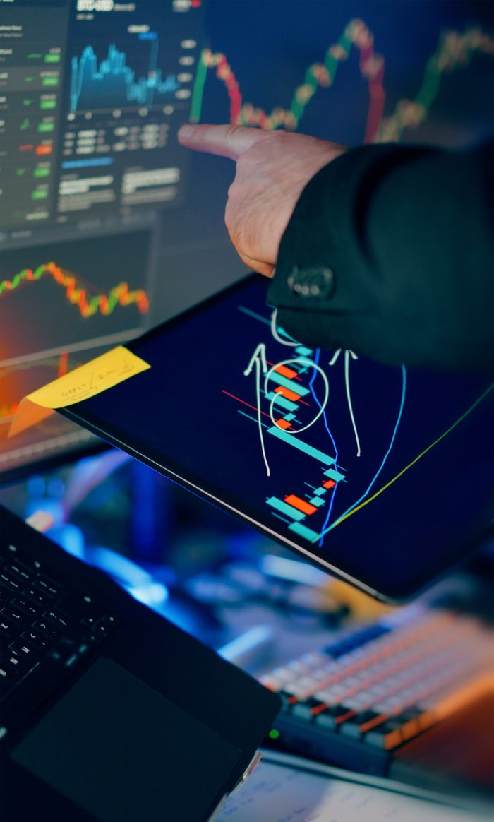 Services A business professional examines financial charts on a tablet and monitor for investment strategy.