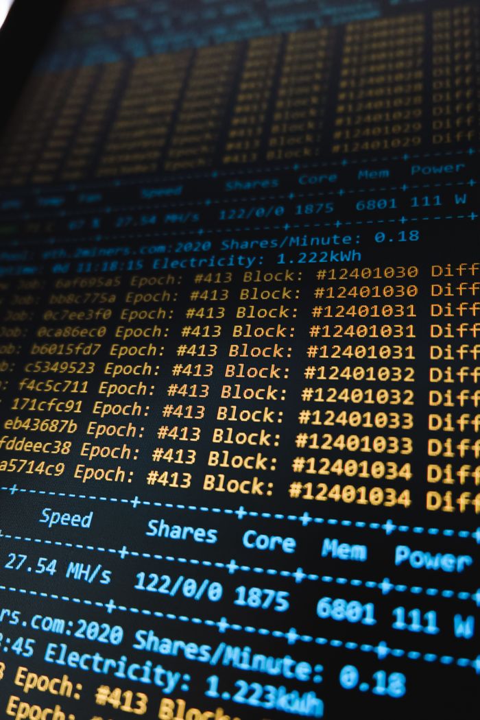 Services Detailed view of a cryptocurrency mining software interface displaying real-time data on a computer monitor.